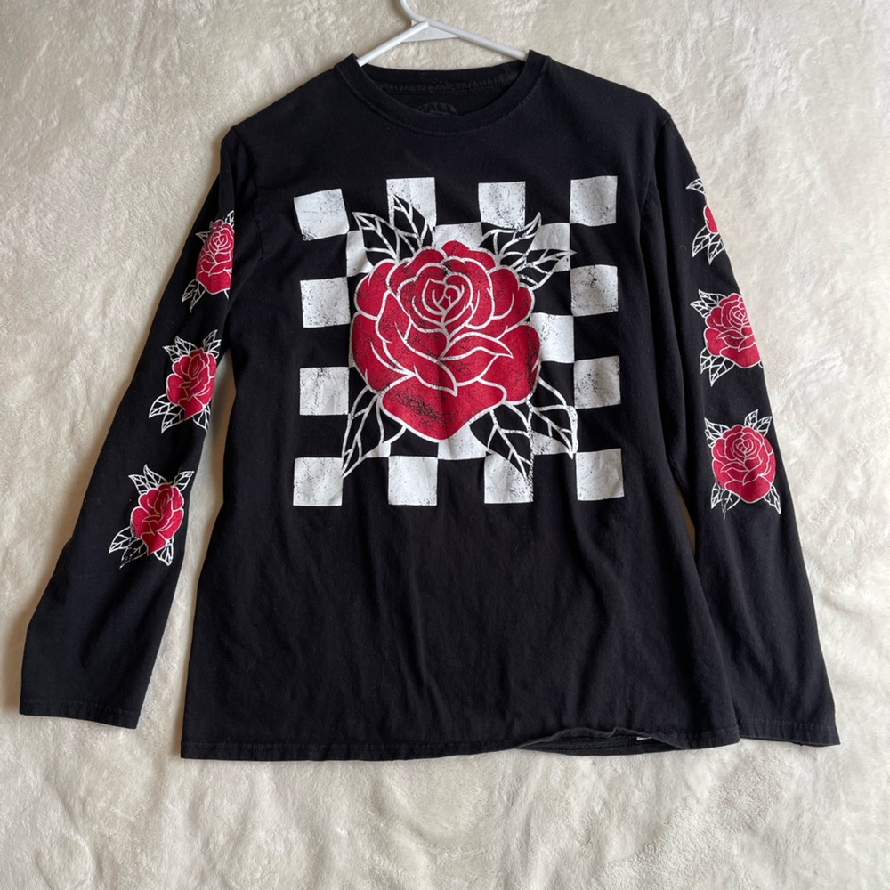 CYM Rose & Checkerboard Long Sleeve Graphic Tee S